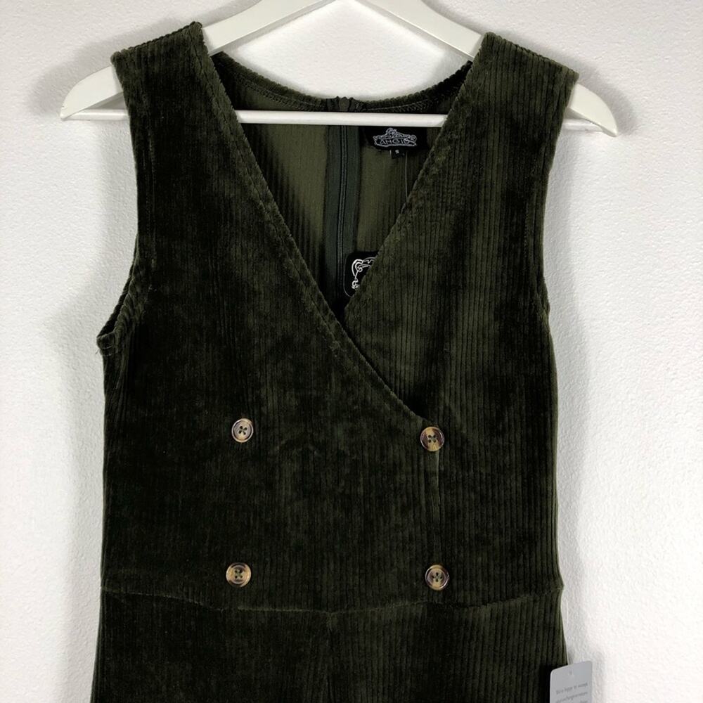 ANGIE Green Corduroy Cropped Jumpsuit‎ Small NWT Stretch Surplice Button Boho - Picture 7 of 9